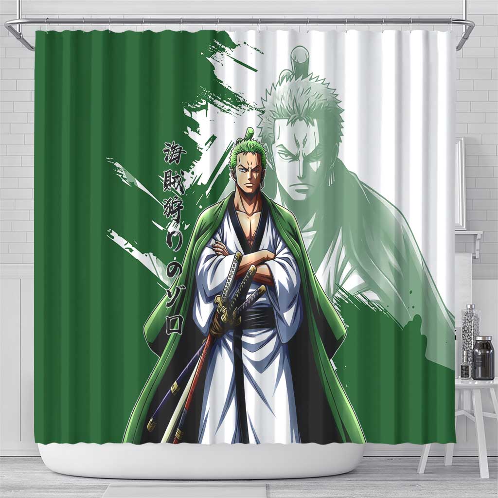 Wano Samurai Roronoa Zoro Shower Curtain Bold Ink Brush Anime Style