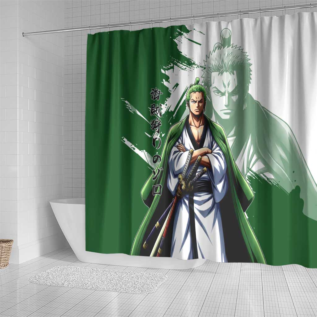Wano Samurai Roronoa Zoro Shower Curtain Bold Ink Brush Anime Style