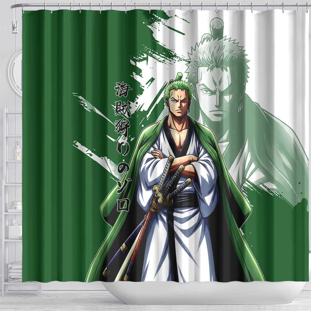 Wano Samurai Roronoa Zoro Shower Curtain Bold Ink Brush Anime Style