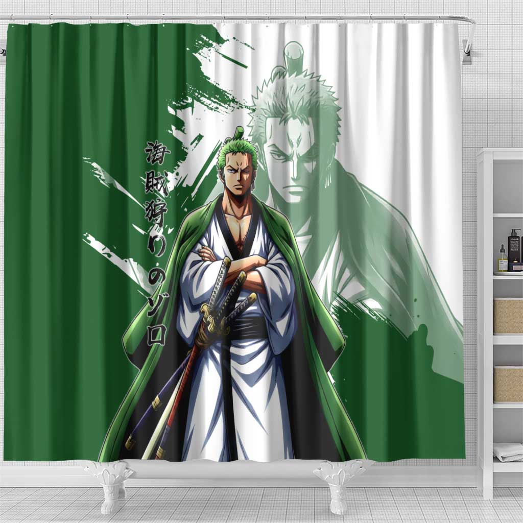 Wano Samurai Roronoa Zoro Shower Curtain Bold Ink Brush Anime Style