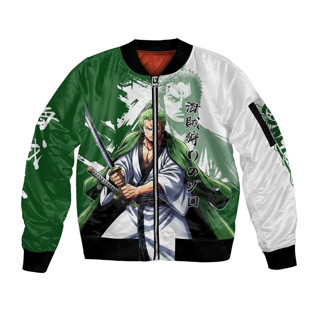 Wano Samurai Roronoa Zoro Sleeve Zip Bomber Jacket Bold Ink Brush Anime Style