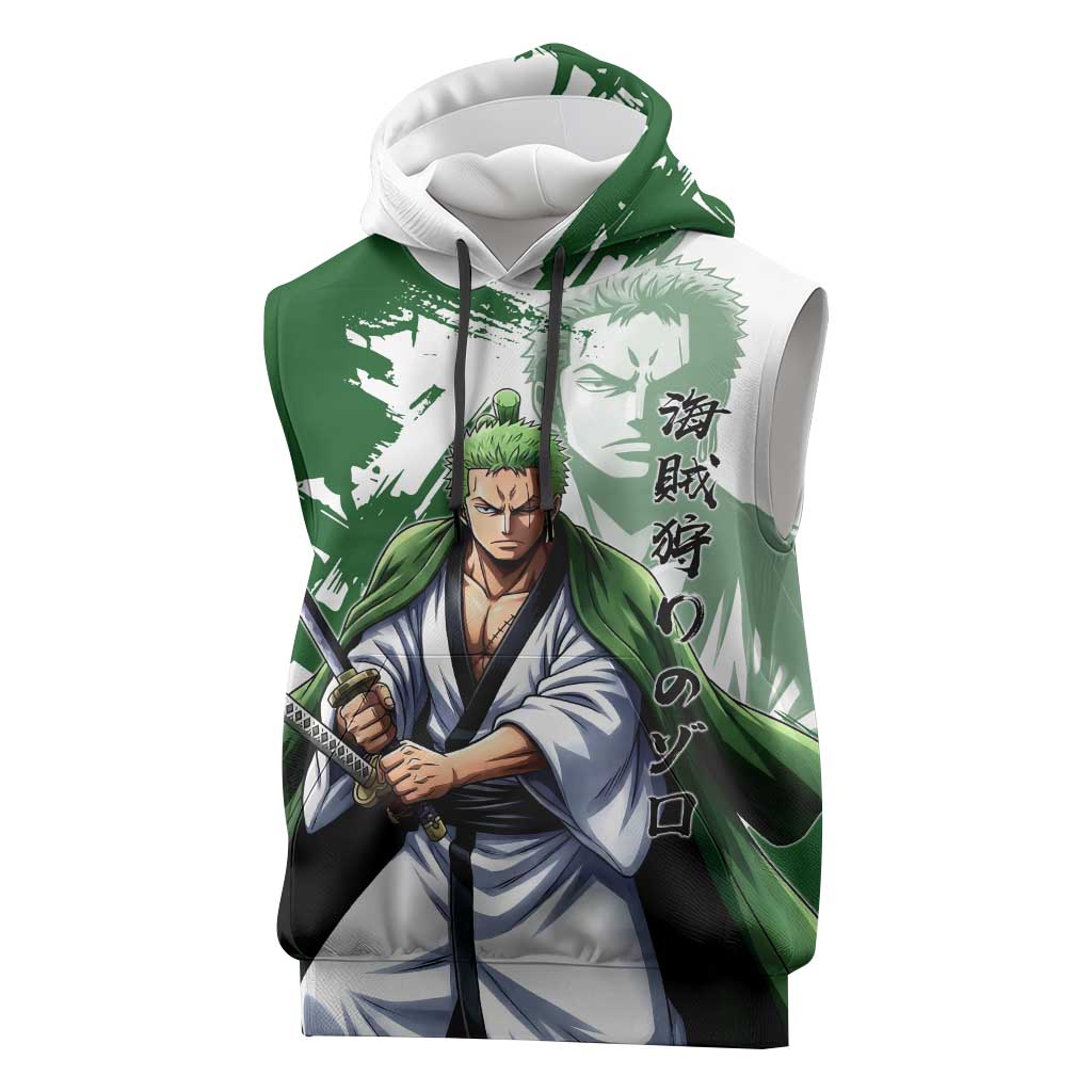 Wano Samurai Roronoa Zoro Sleeveless Hoodie Bold Ink Brush Anime Style