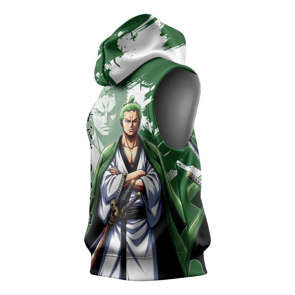 Wano Samurai Roronoa Zoro Sleeveless Hoodie Bold Ink Brush Anime Style