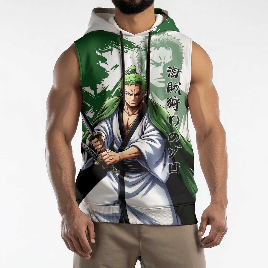 Wano Samurai Roronoa Zoro Sleeveless Hoodie Bold Ink Brush Anime Style