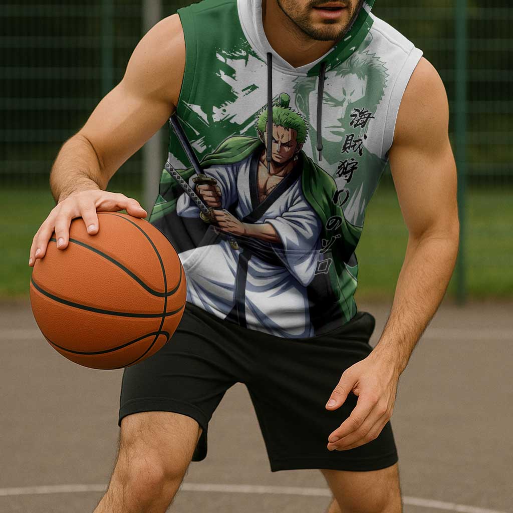Wano Samurai Roronoa Zoro Sleeveless Hoodie Bold Ink Brush Anime Style