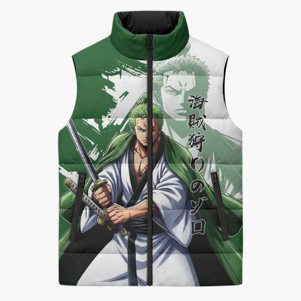 Wano Samurai Roronoa Zoro Sleeveless Puffer Jacket Bold Ink Brush Anime Style