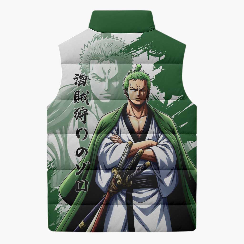 Wano Samurai Roronoa Zoro Sleeveless Puffer Jacket Bold Ink Brush Anime Style