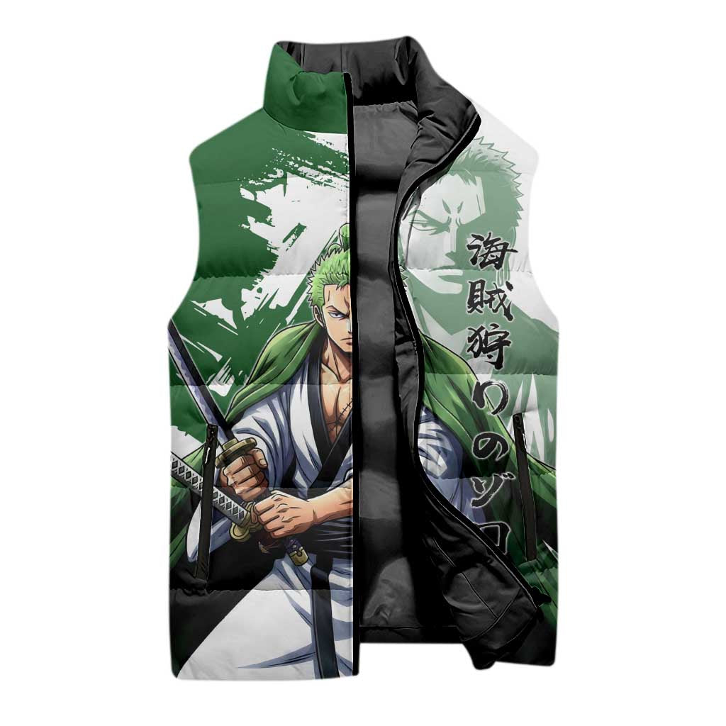 Wano Samurai Roronoa Zoro Sleeveless Puffer Jacket Bold Ink Brush Anime Style