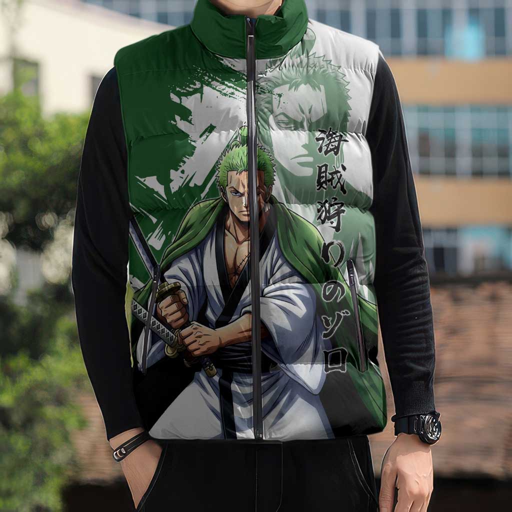 Wano Samurai Roronoa Zoro Sleeveless Puffer Jacket Bold Ink Brush Anime Style