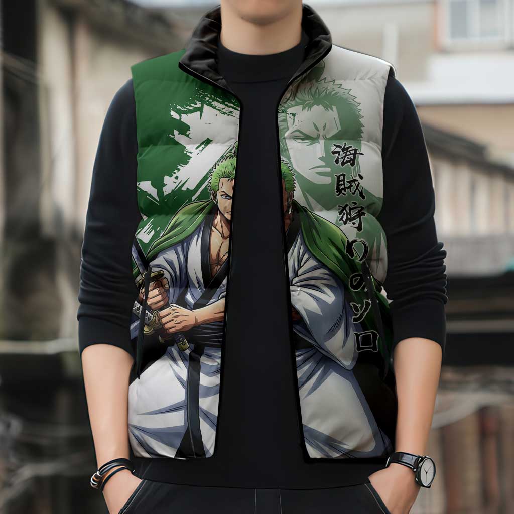 Wano Samurai Roronoa Zoro Sleeveless Puffer Jacket Bold Ink Brush Anime Style