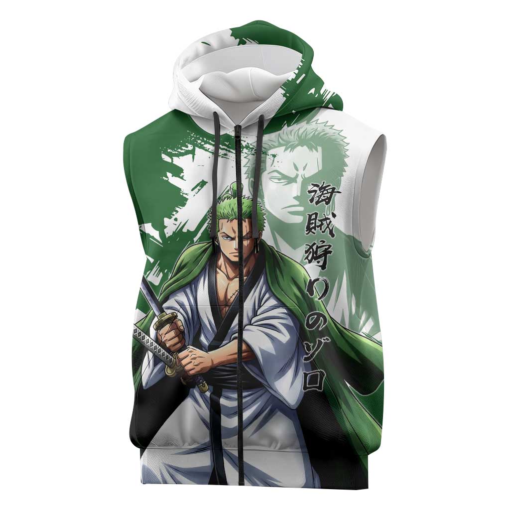Wano Samurai Roronoa Zoro Sleeveless Zip Hoodie Bold Ink Brush Anime Style