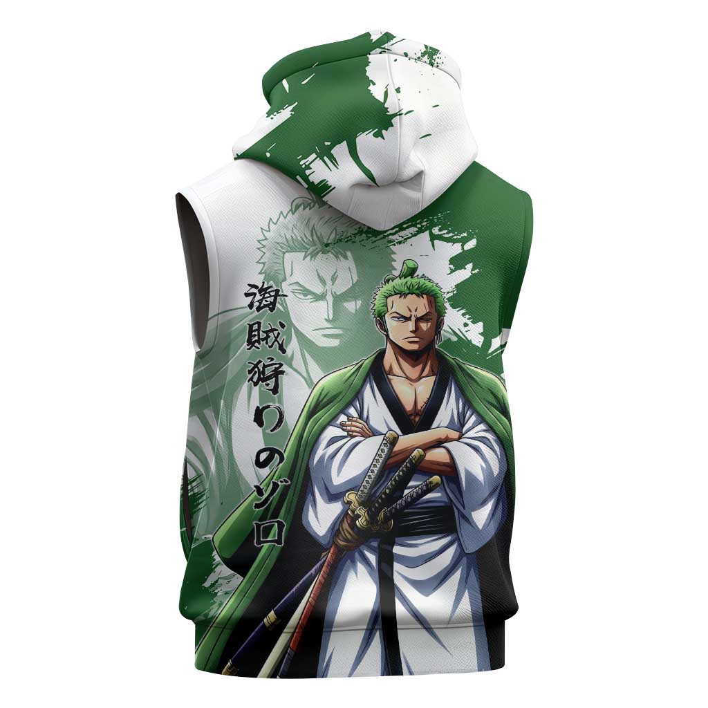 Wano Samurai Roronoa Zoro Sleeveless Zip Hoodie Bold Ink Brush Anime Style
