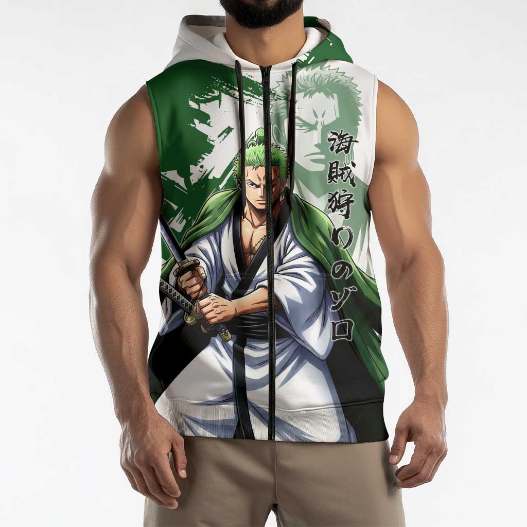 Wano Samurai Roronoa Zoro Sleeveless Zip Hoodie Bold Ink Brush Anime Style