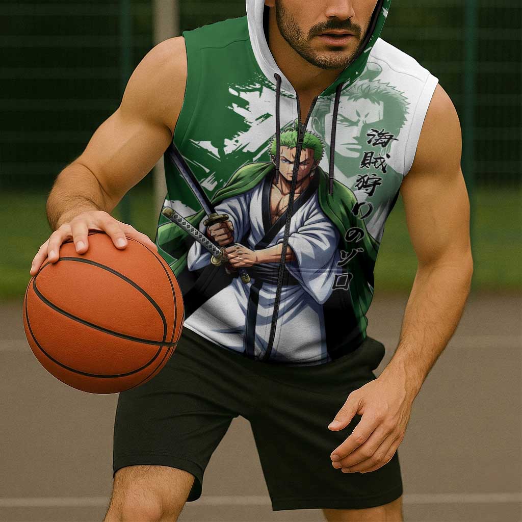 Wano Samurai Roronoa Zoro Sleeveless Zip Hoodie Bold Ink Brush Anime Style