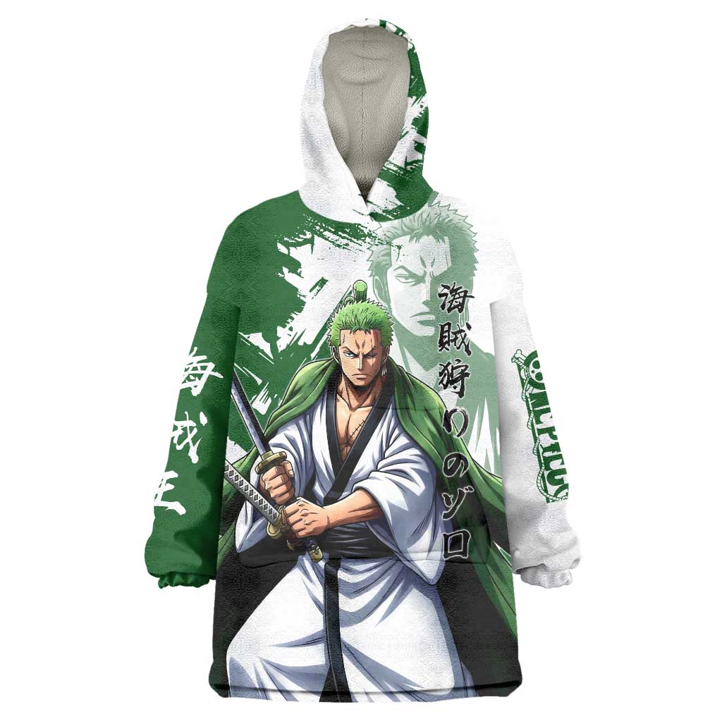 Wano Samurai Roronoa Zoro Wearable Blanket Hoodie Bold Ink Brush Anime Style