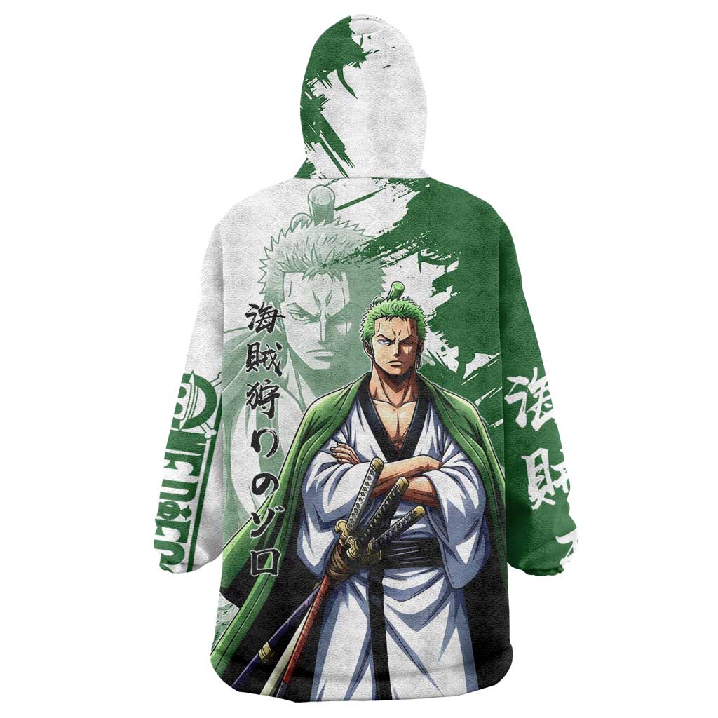Wano Samurai Roronoa Zoro Wearable Blanket Hoodie Bold Ink Brush Anime Style