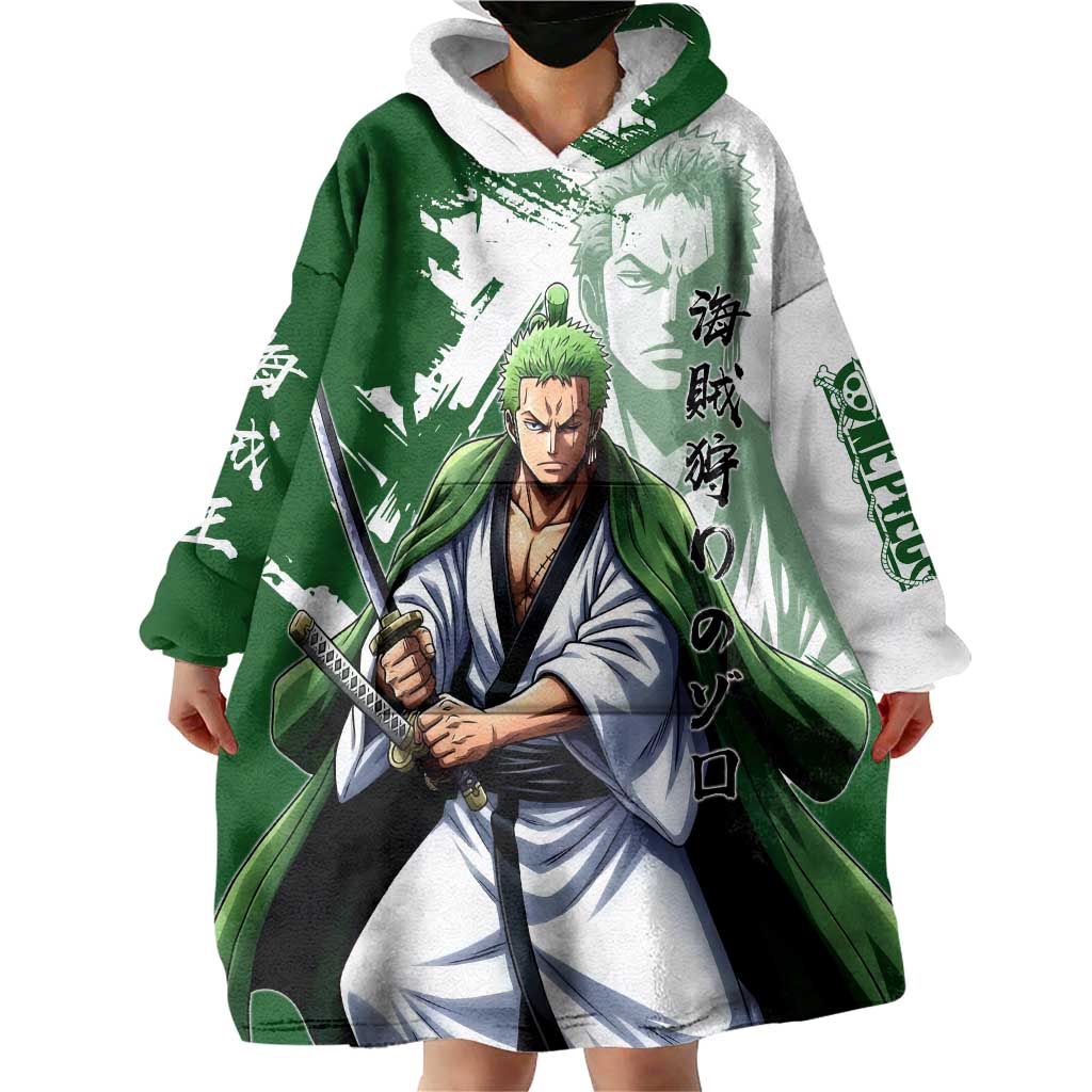 Wano Samurai Roronoa Zoro Wearable Blanket Hoodie Bold Ink Brush Anime Style