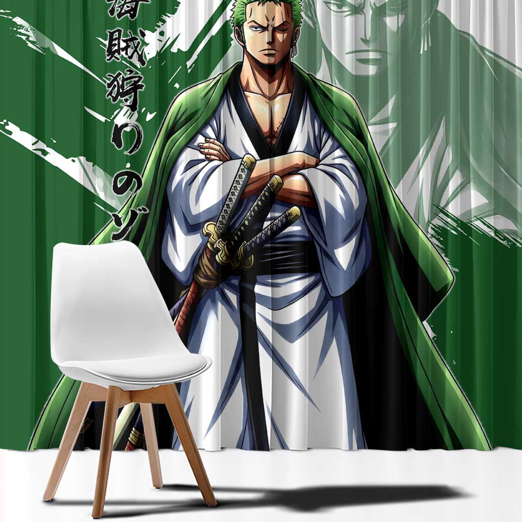 Wano Samurai Roronoa Zoro Window Curtain Bold Ink Brush Anime Style