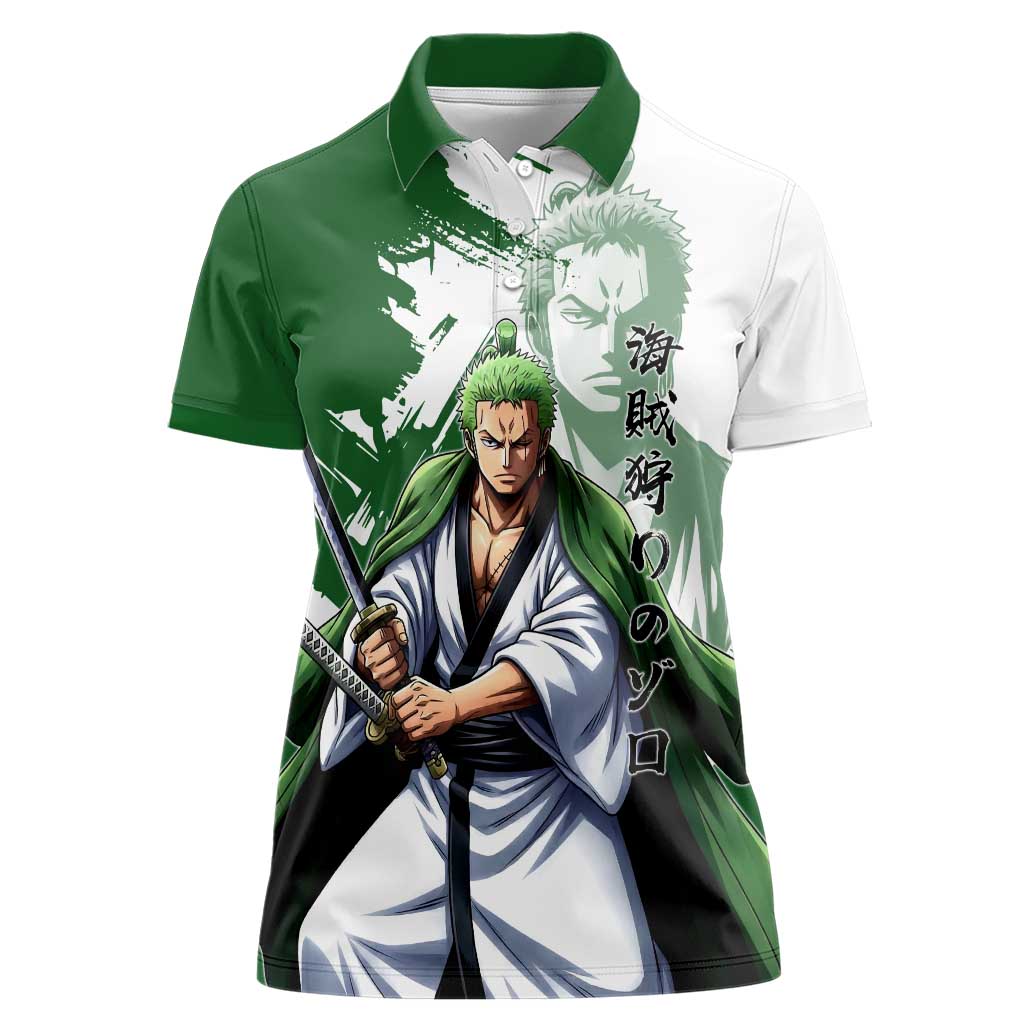 Wano Samurai Roronoa Zoro Women Polo Shirt Bold Ink Brush Anime Style
