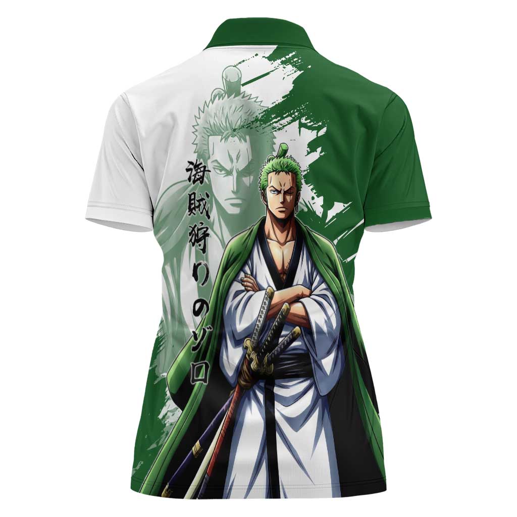 Wano Samurai Roronoa Zoro Women Polo Shirt Bold Ink Brush Anime Style