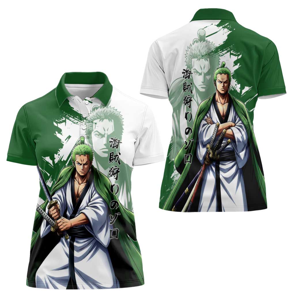 Wano Samurai Roronoa Zoro Women Polo Shirt Bold Ink Brush Anime Style