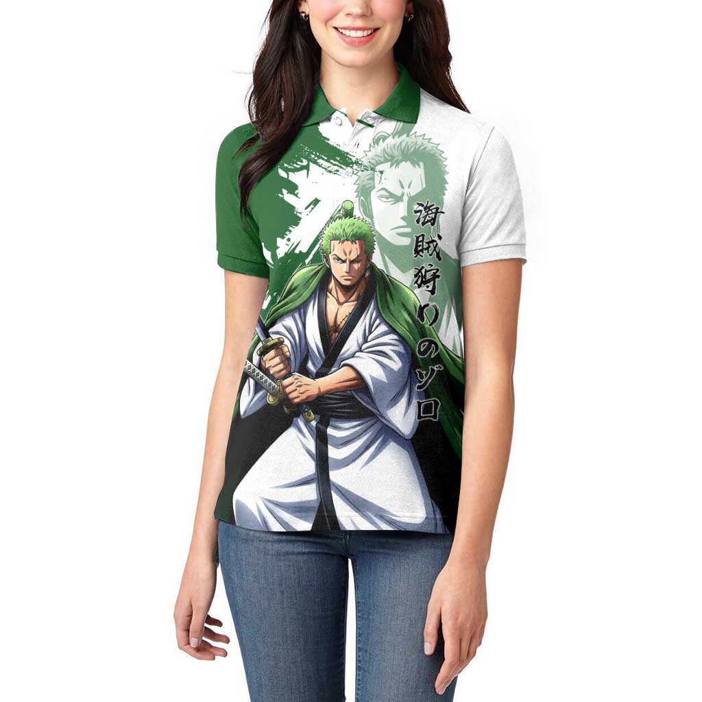 Wano Samurai Roronoa Zoro Women Polo Shirt Bold Ink Brush Anime Style