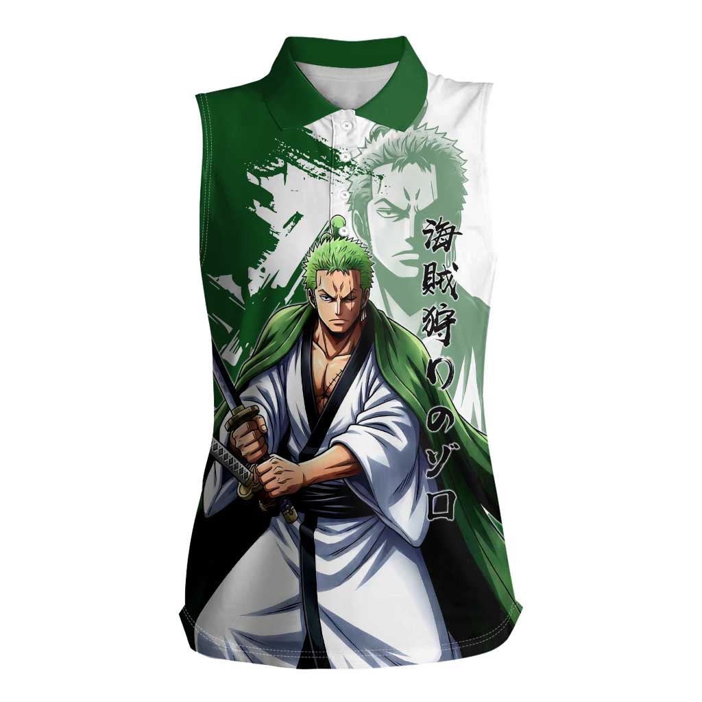 Wano Samurai Roronoa Zoro Women Sleeveless Polo Shirt Bold Ink Brush Anime Style