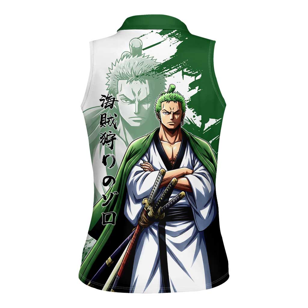 Wano Samurai Roronoa Zoro Women Sleeveless Polo Shirt Bold Ink Brush Anime Style