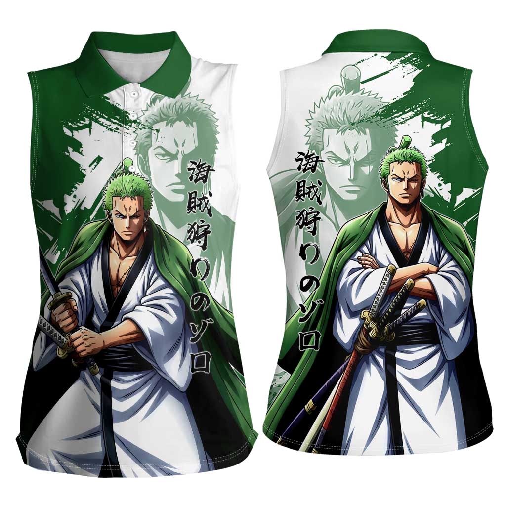Wano Samurai Roronoa Zoro Women Sleeveless Polo Shirt Bold Ink Brush Anime Style