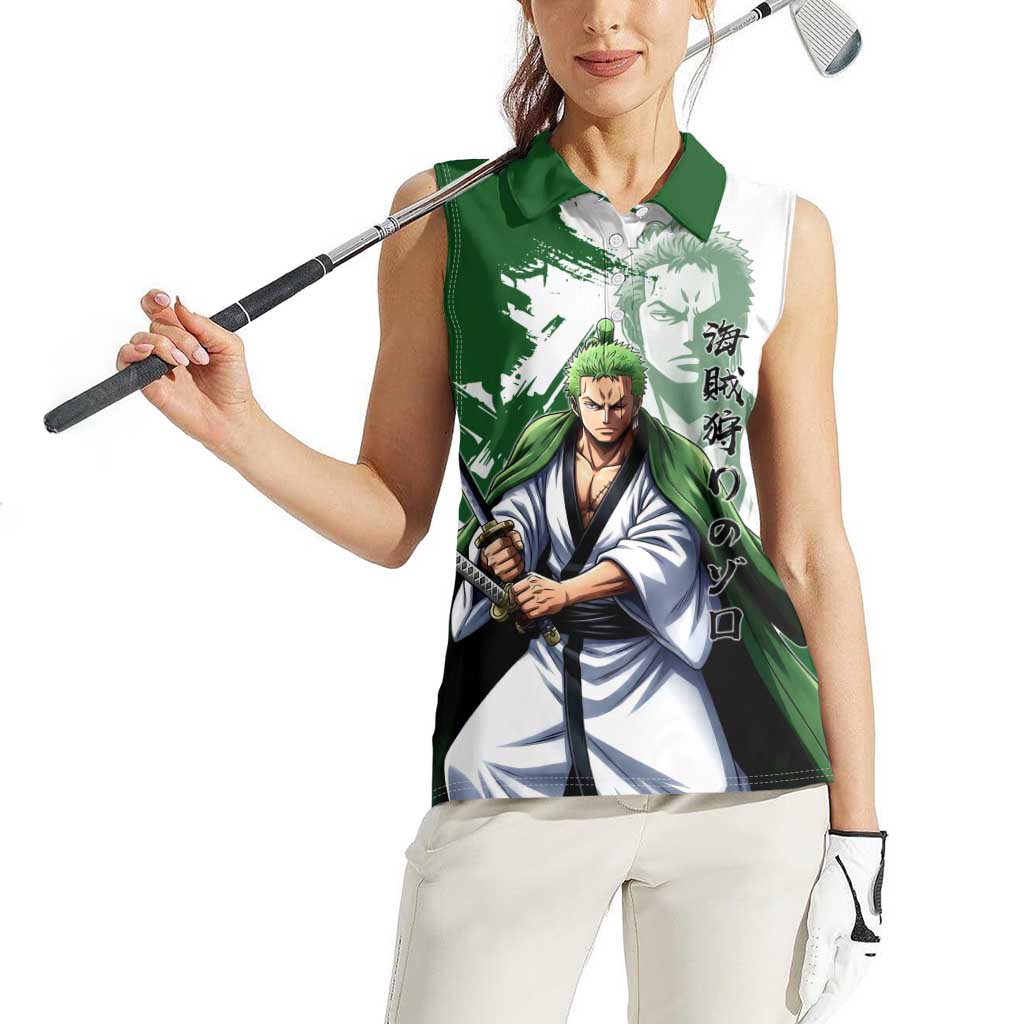 Wano Samurai Roronoa Zoro Women Sleeveless Polo Shirt Bold Ink Brush Anime Style