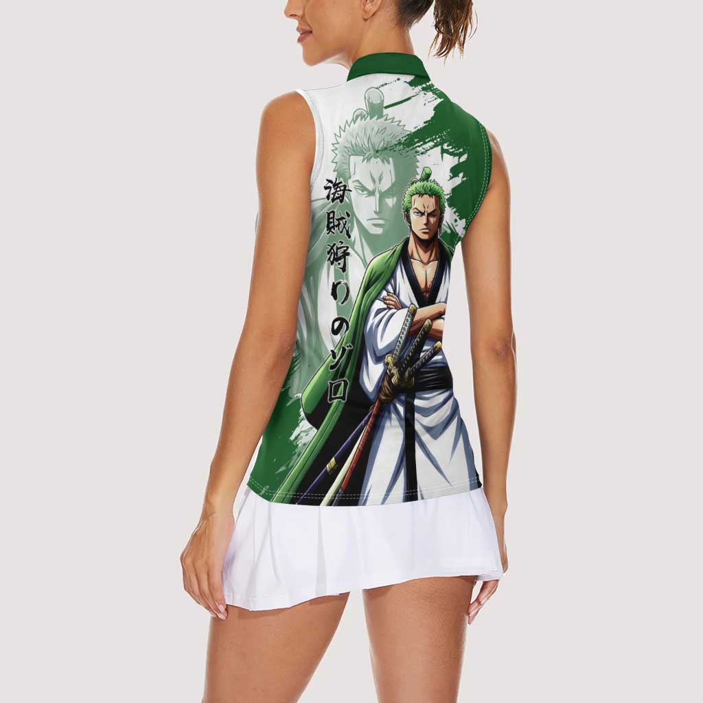 Wano Samurai Roronoa Zoro Women Sleeveless Polo Shirt Bold Ink Brush Anime Style