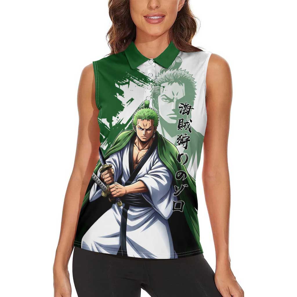Wano Samurai Roronoa Zoro Women Sleeveless Polo Shirt Bold Ink Brush Anime Style