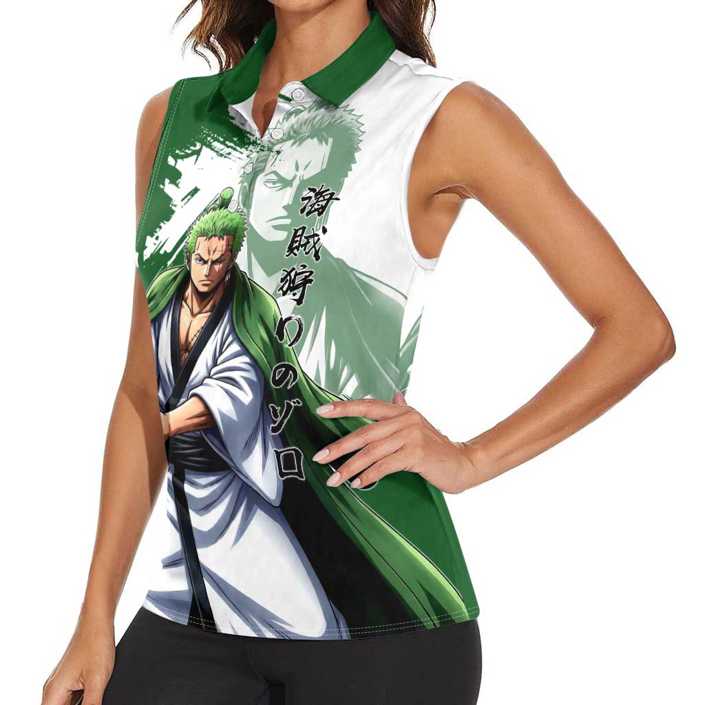 Wano Samurai Roronoa Zoro Women Sleeveless Polo Shirt Bold Ink Brush Anime Style