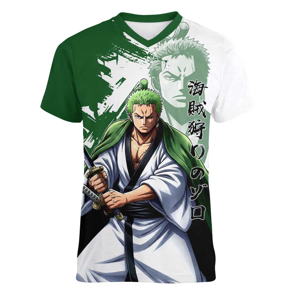 Wano Samurai Roronoa Zoro Women V-Neck T-Shirt Bold Ink Brush Anime Style