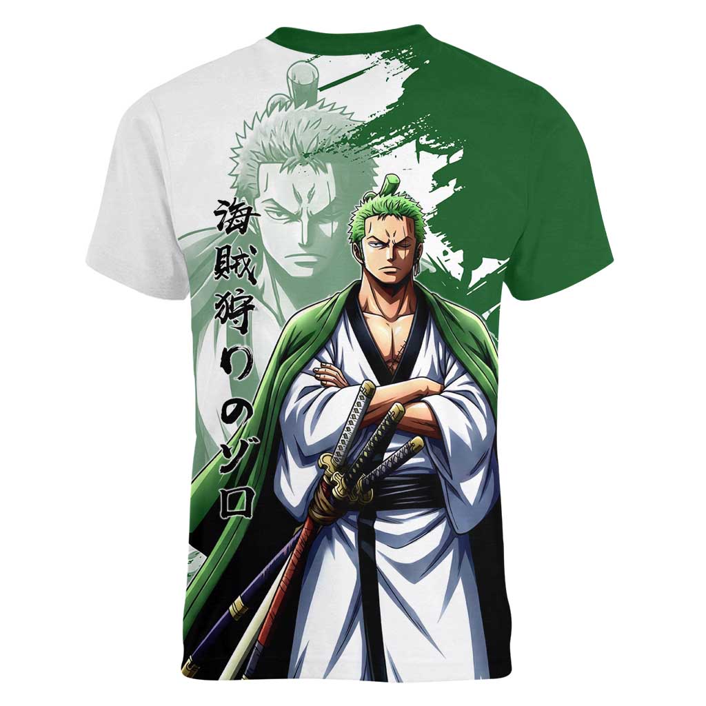 Wano Samurai Roronoa Zoro Women V-Neck T-Shirt Bold Ink Brush Anime Style