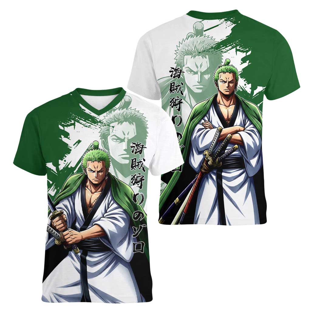 Wano Samurai Roronoa Zoro Women V-Neck T-Shirt Bold Ink Brush Anime Style