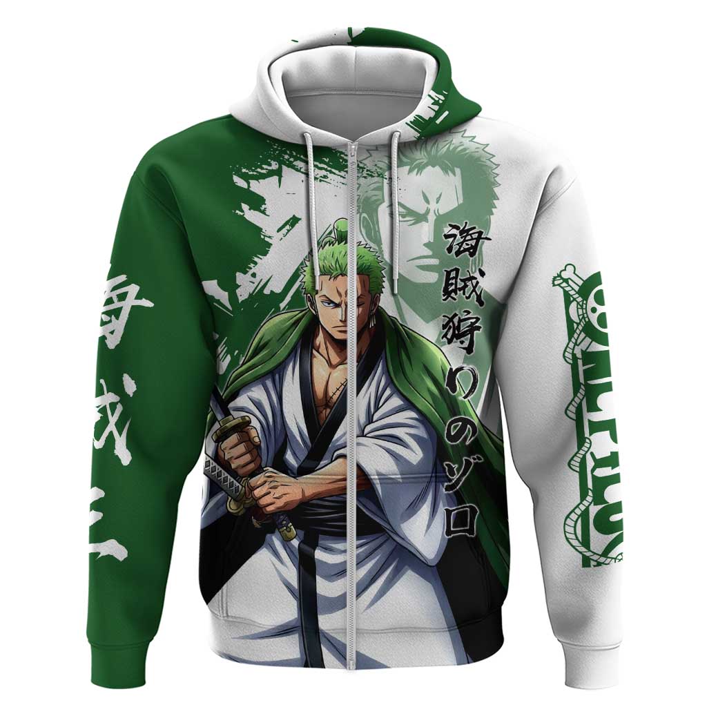 Wano Samurai Roronoa Zoro Zip Hoodie Bold Ink Brush Anime Style