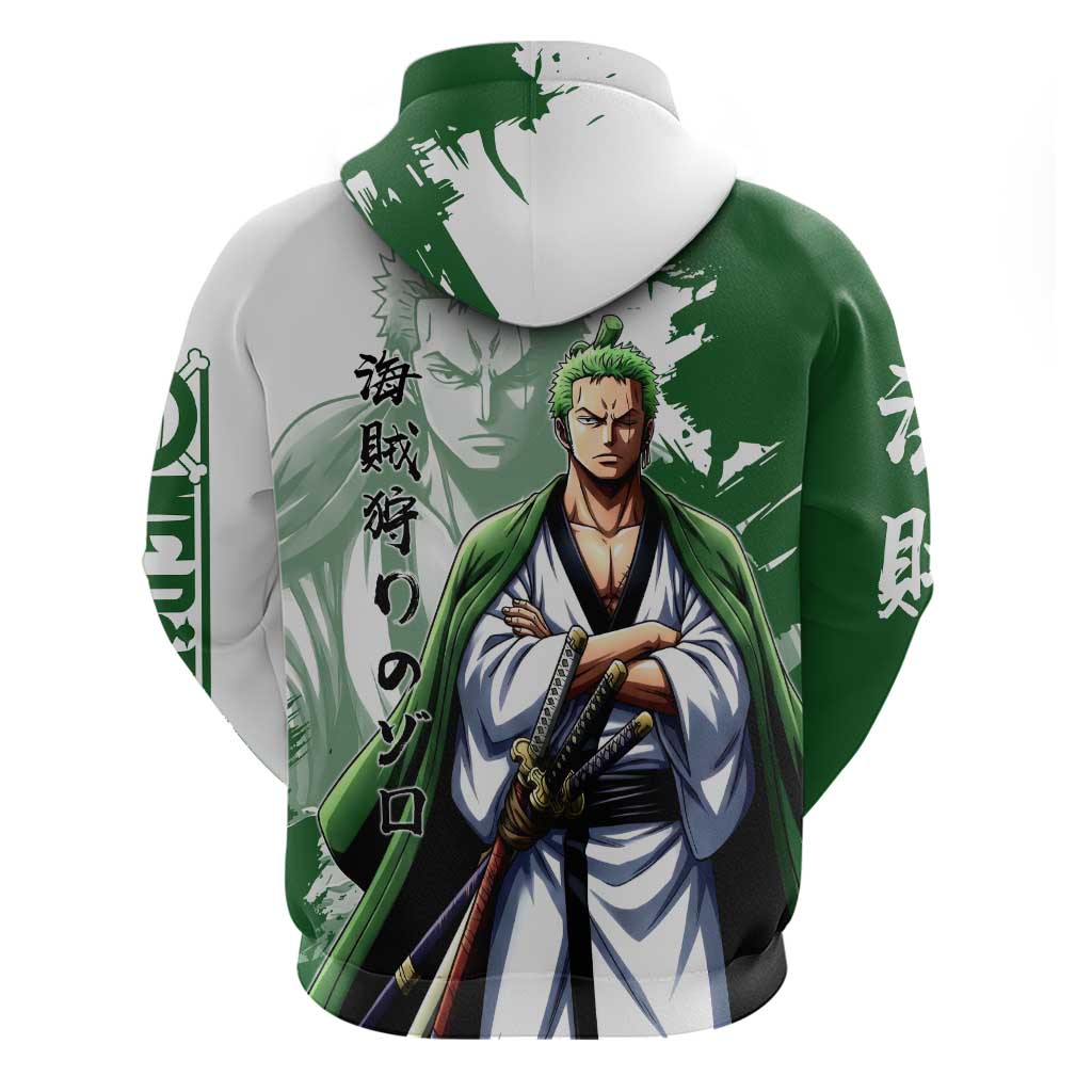 Wano Samurai Roronoa Zoro Zip Hoodie Bold Ink Brush Anime Style