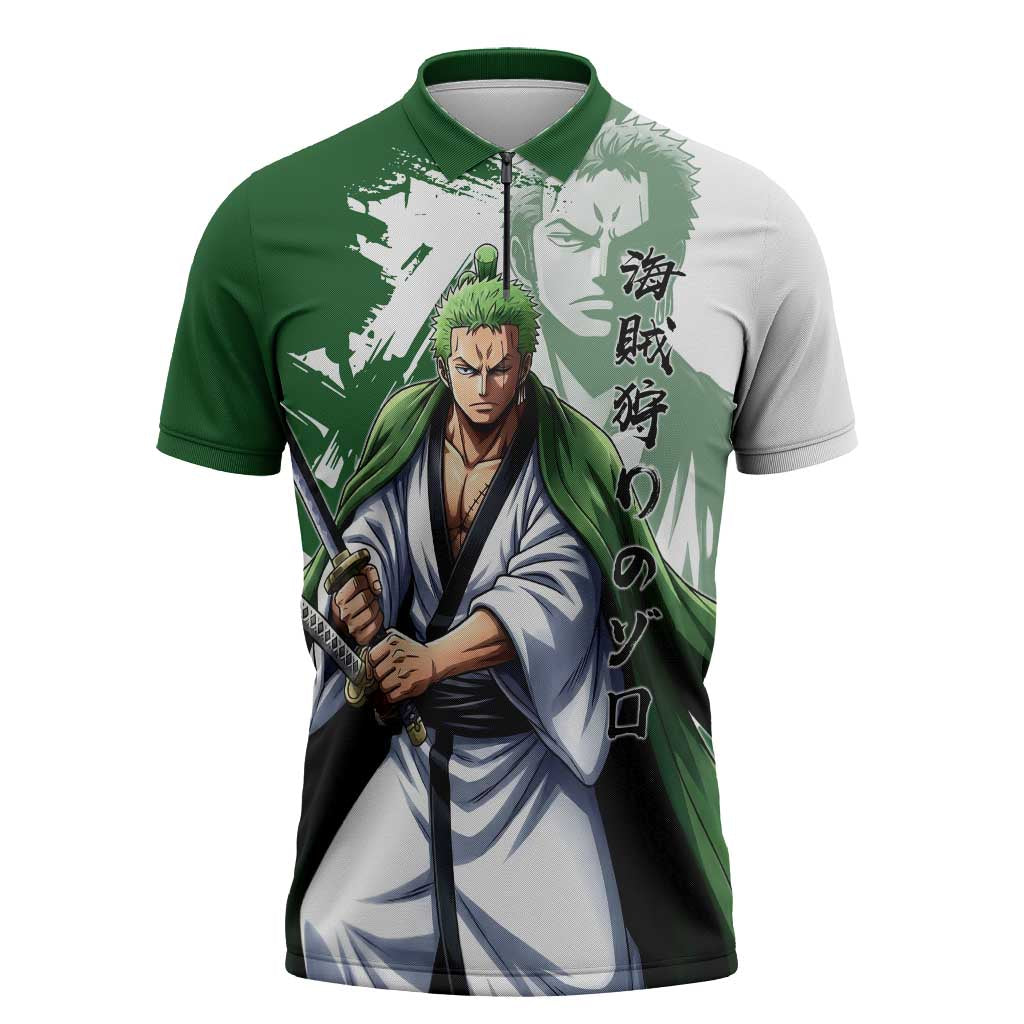 Wano Samurai Roronoa Zoro Zipper Polo Shirt Bold Ink Brush Anime Style