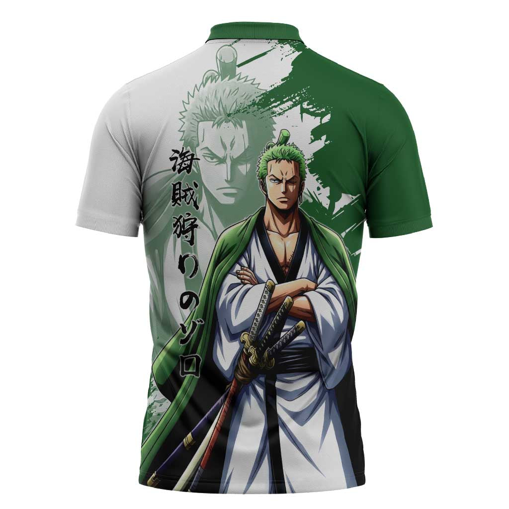 Wano Samurai Roronoa Zoro Zipper Polo Shirt Bold Ink Brush Anime Style
