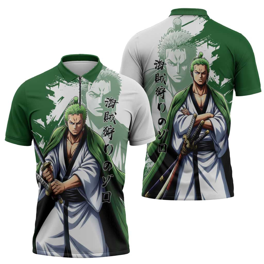 Wano Samurai Roronoa Zoro Zipper Polo Shirt Bold Ink Brush Anime Style