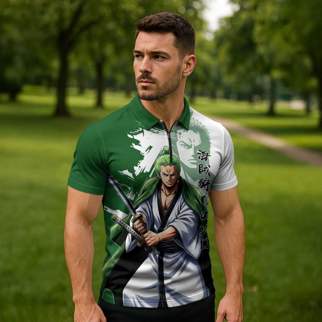 Wano Samurai Roronoa Zoro Zipper Polo Shirt Bold Ink Brush Anime Style