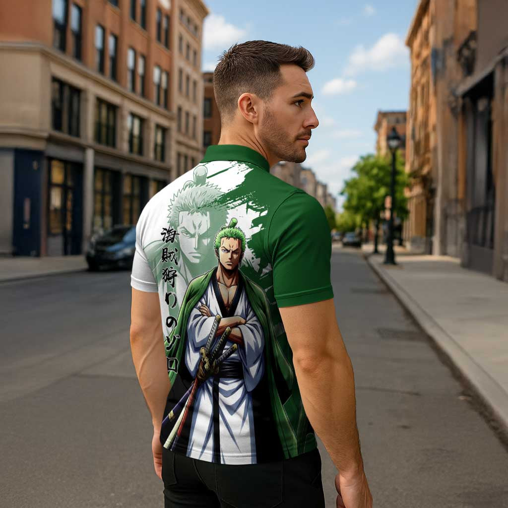 Wano Samurai Roronoa Zoro Zipper Polo Shirt Bold Ink Brush Anime Style