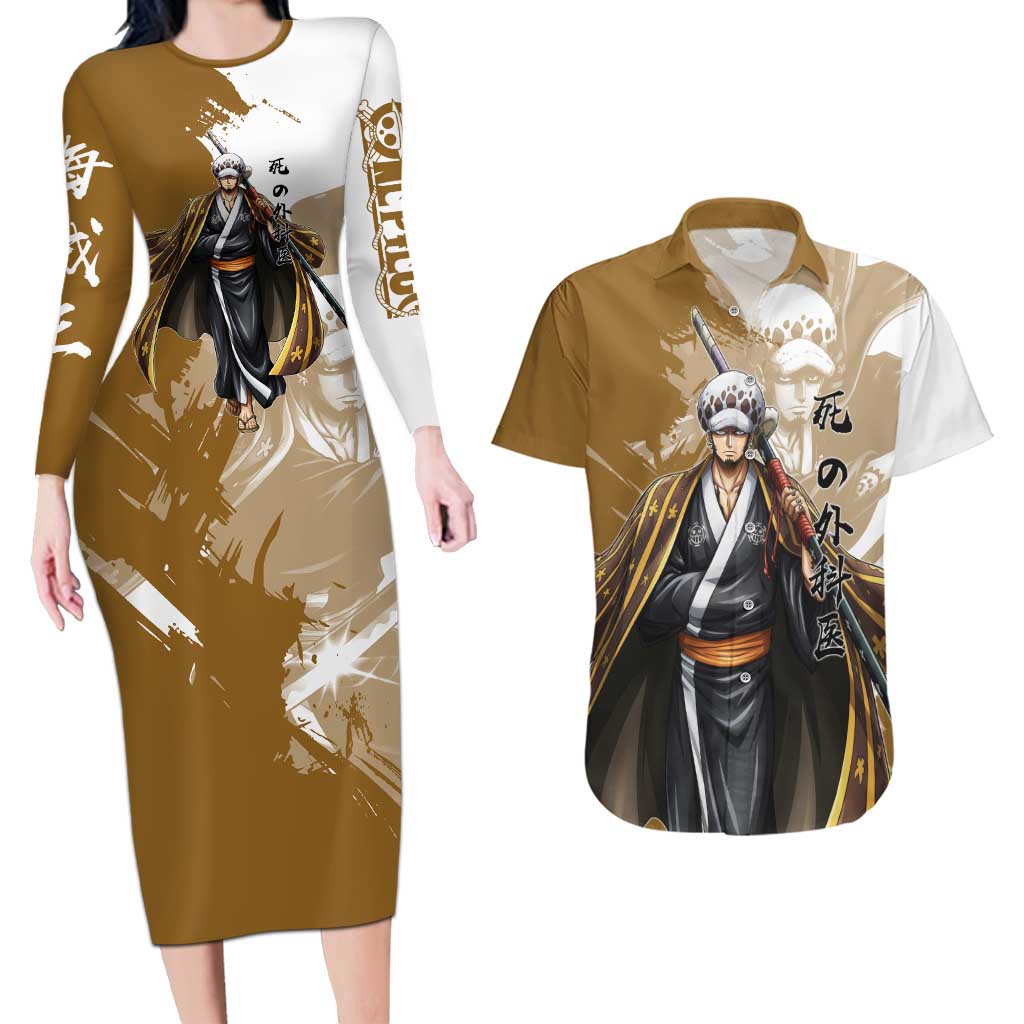 Wano Surgeon Trafalgar D. Law Couples Matching Long Sleeve Bodycon Dress and Hawaiian Shirt Traditional Ink Splash Anime Style