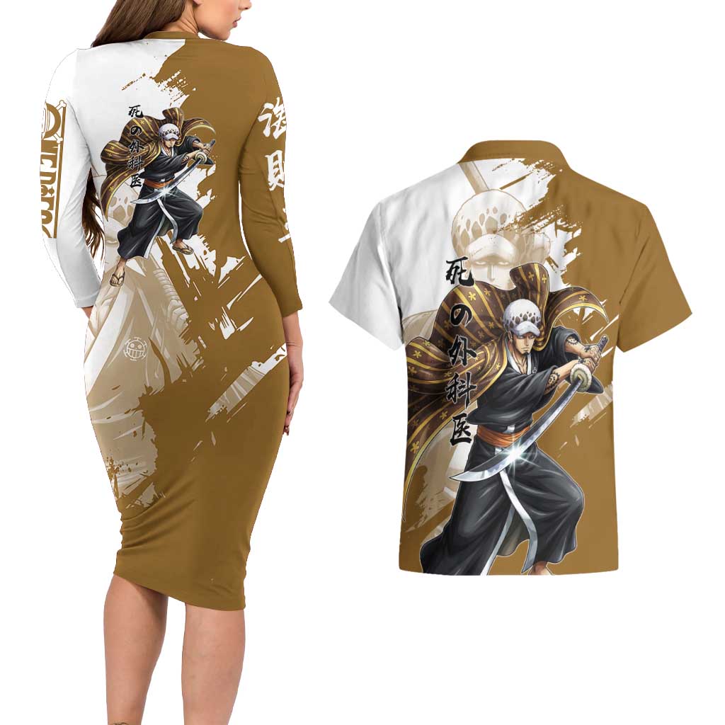 Wano Surgeon Trafalgar D. Law Couples Matching Long Sleeve Bodycon Dress and Hawaiian Shirt Traditional Ink Splash Anime Style