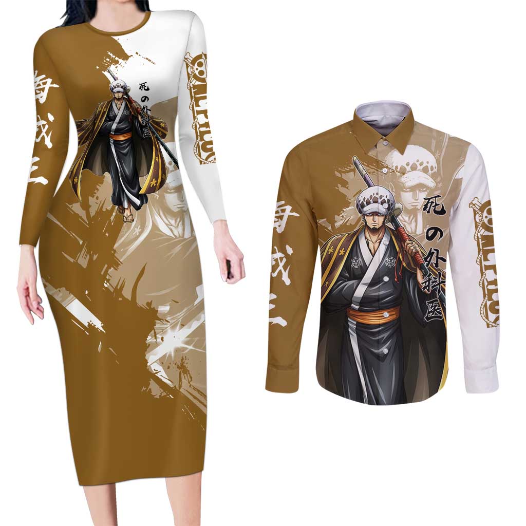 Wano Surgeon Trafalgar D. Law Couples Matching Long Sleeve Bodycon Dress and Long Sleeve Button Shirt Traditional Ink Splash Anime Style