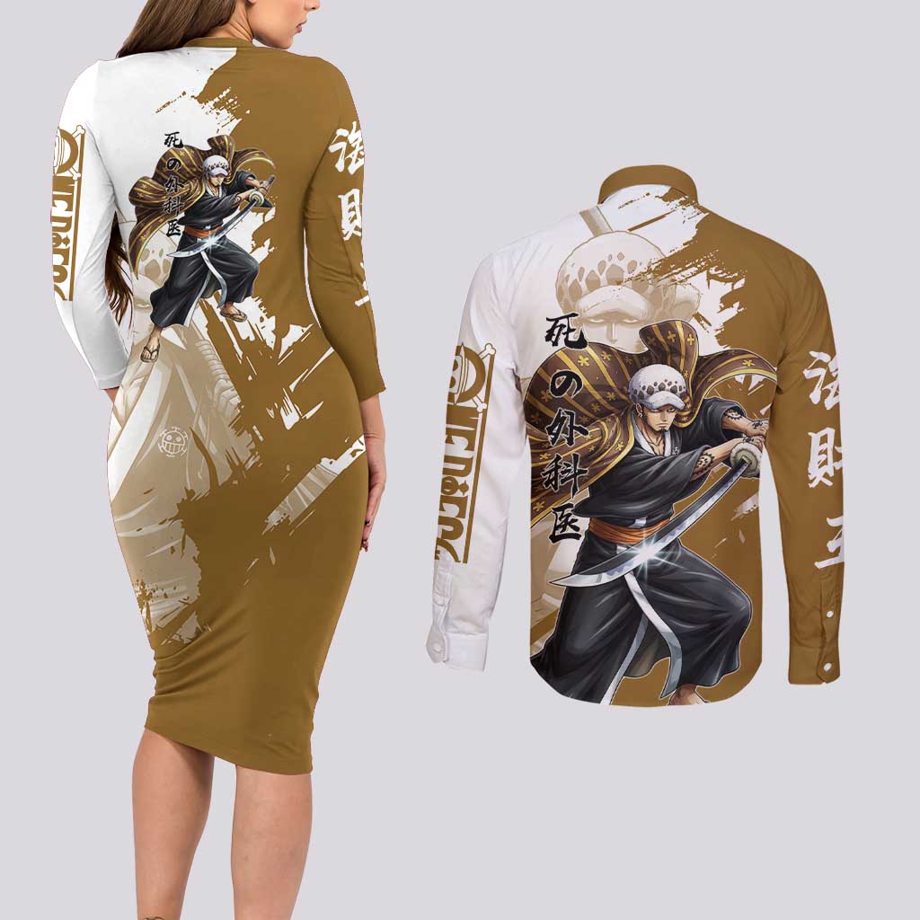 Wano Surgeon Trafalgar D. Law Couples Matching Long Sleeve Bodycon Dress and Long Sleeve Button Shirt Traditional Ink Splash Anime Style