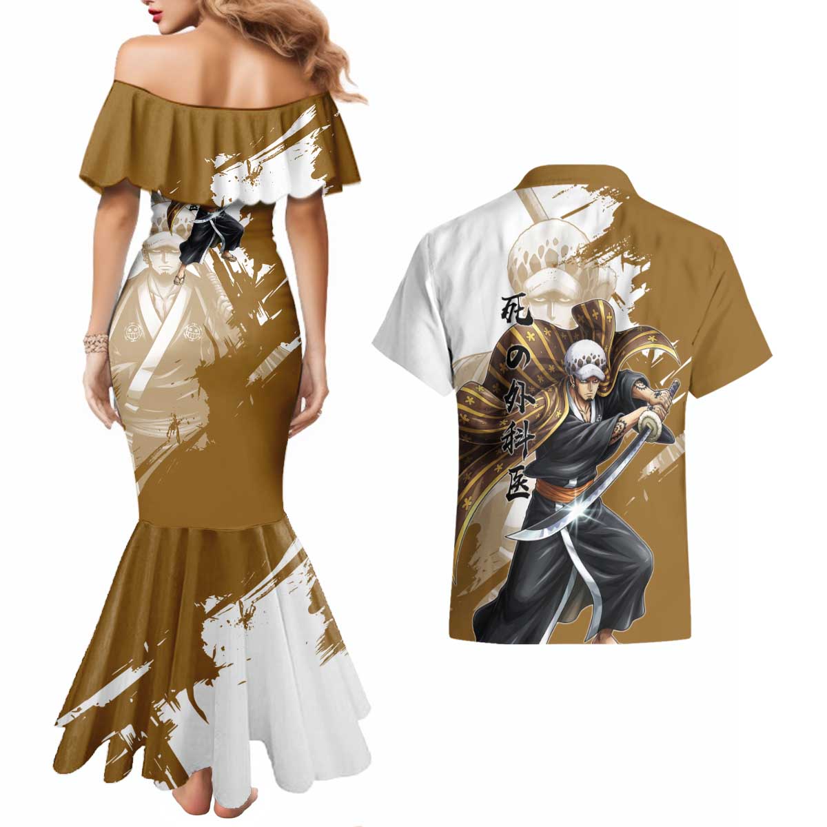 Wano Surgeon Trafalgar D. Law Couples Matching Mermaid Dress and Hawaiian Shirt Traditional Ink Splash Anime Style