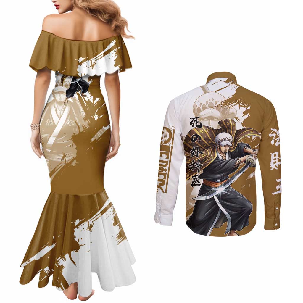 Wano Surgeon Trafalgar D. Law Couples Matching Mermaid Dress and Long Sleeve Button Shirt Traditional Ink Splash Anime Style
