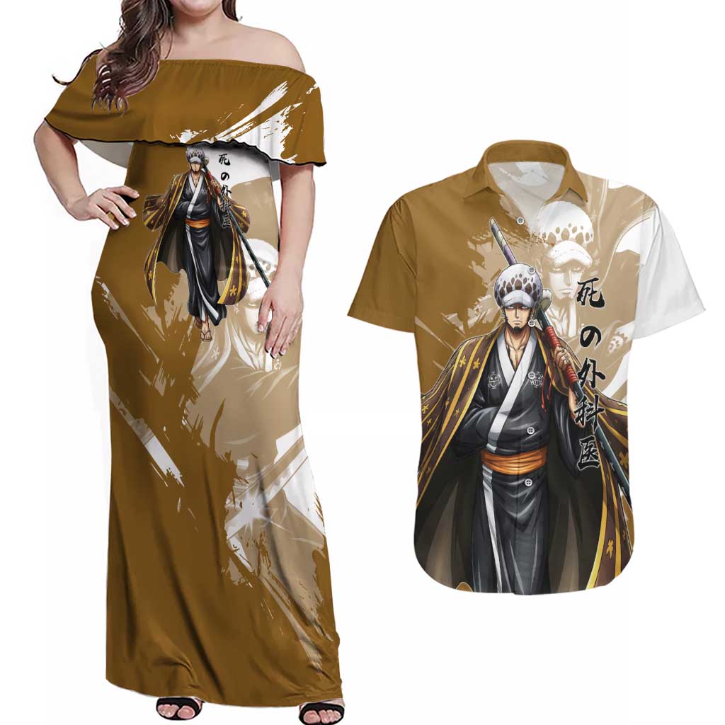 Wano Surgeon Trafalgar D. Law Couples Matching Off Shoulder Maxi Dress and Hawaiian Shirt Traditional Ink Splash Anime Style